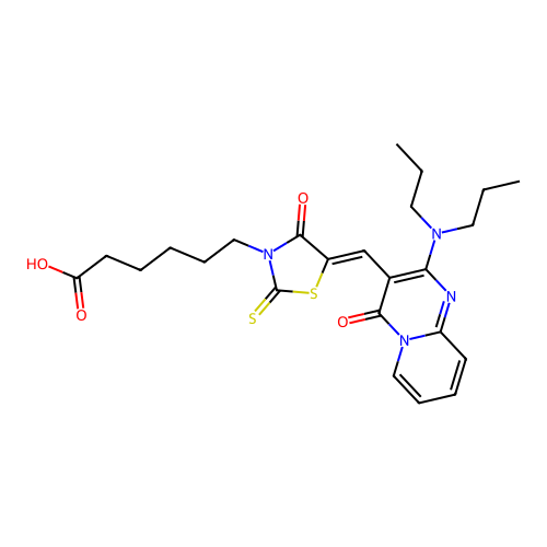 6-[(5Z)-5-{[2-(dipropylamino)-4-oxo-4H-pyrido[1,2-a]pyrimidin-3-yl]methylidene}-4-oxo-2-thioxo-1,3-thiazolidin-3-yl]hexanoic acid structure