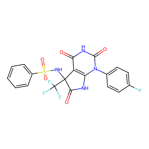 N-(1-(4-fluorophenyl)-2,4,6-trioxo-5-(trifluoromethyl)-2,3,4,5,6,7-hexahydro-1H-pyrrolo[2,3-d]pyrimidin-5-yl)benzenesulfonamide structure