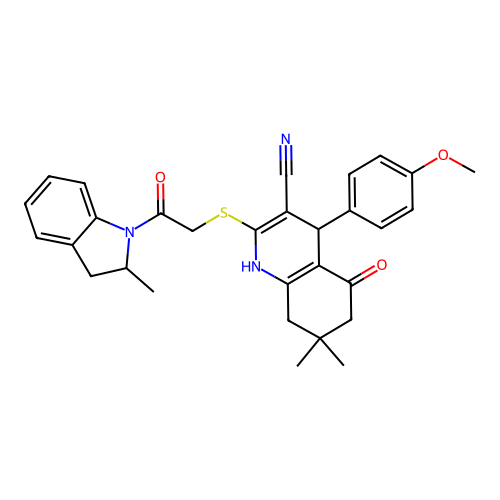 4-(4-methoxyphenyl)-7,7-dimethyl-2-((2-(2-methylindolin-1-yl)-2-oxoethyl)thio)-5-oxo-1,4,5,6,7,8-hexahydroquinoline-3-carbonitrile structure