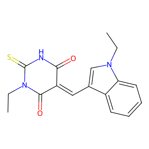 (E)-1-ethyl-5-((1-ethyl-1H-indol-3-yl)methylene)-2-thioxodihydropyrimidine-4,6(1H,5H)-dione structure