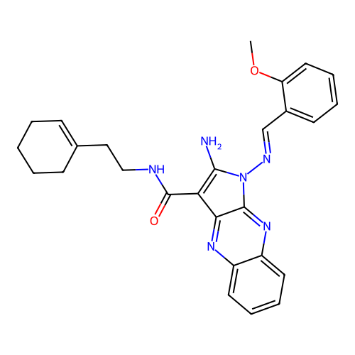 (E)-2-amino-N-(2-(cyclohex-1-en-1-yl)ethyl)-1-((2-methoxybenzylidene)amino)-1H-pyrrolo[2,3-b]quinoxaline-3-carboxamide structure