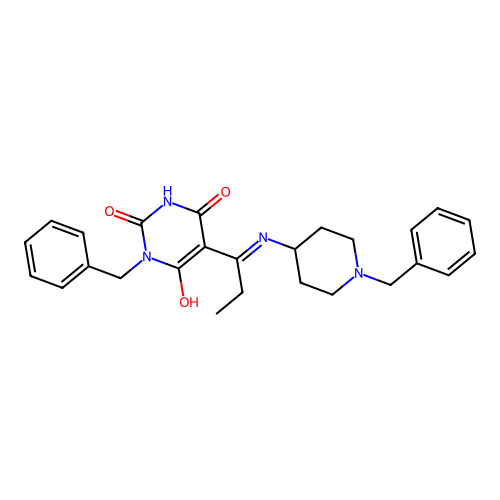 1-benzyl-5-[1-[(1-benzyl-4-piperidyl)amino]propylidene]-1,3-diazinane-2,4,6-trione structure
