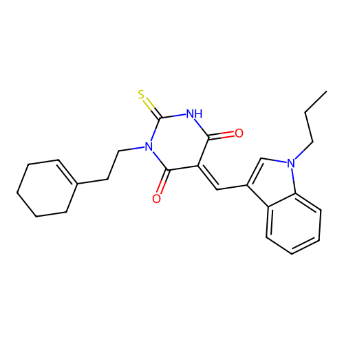 (5E)-1-[2-(cyclohex-1-en-1-yl)ethyl]-5-[(1-propyl-1H-indol-3-yl)methylidene]-2-sulfanylpyrimidine-4,6(1H,5H)-dione structure