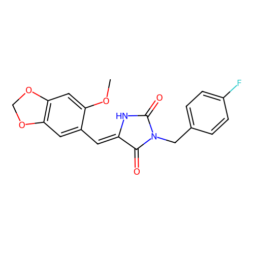 (Z)-3-(4-fluorobenzyl)-5-((6-methoxybenzo[d][1,3]dioxol-5-yl)methylene)imidazolidine-2,4-dione structure