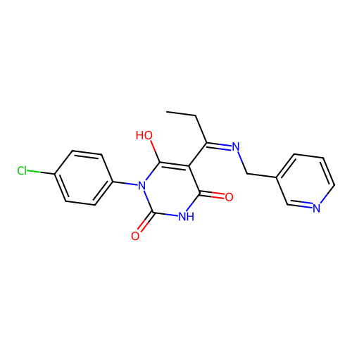 1-(4-chlorophenyl)-5-[1-(pyridin-3-ylmethylamino)propylidene]-1,3-diazinane-2,4,6-trione structure