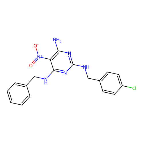 N~4~-benzyl-N~2~-(4-chlorobenzyl)-5-nitropyrimidine-2,4,6-triamine structure