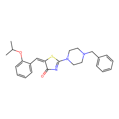 (5E)-2-(4-benzylpiperazin-1-yl)-5-[2-(propan-2-yloxy)benzylidene]-1,3-thiazol-4(5H)-one structure