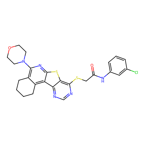 N-(3-chlorophenyl)-2-((5-morpholino-1,2,3,4-tetrahydropyrimido[4',5':4,5]thieno[2,3-c]isoquinolin-8-yl)thio)acetamide structure