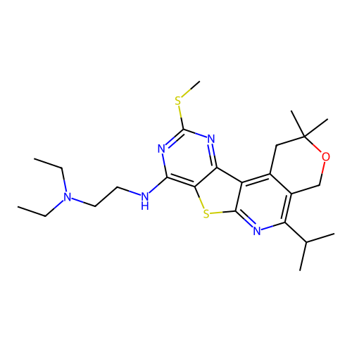 N'-[2,2-dimethyl-10-(methylsulfanyl)-5-(propan-2-yl)-1,4-dihydro-2H-pyrano[4'',3'':4',5']pyrido[3',2':4,5]thieno[3,2-d]pyrimidin-8-yl]-N,N-diethylethane-1,2-diamine structure