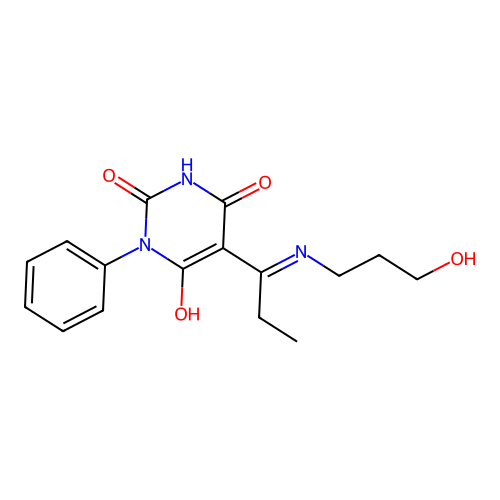 5-[1-(3-hydroxypropylamino)propylidene]-1-phenyl-1,3-diazinane-2,4,6-trione structure