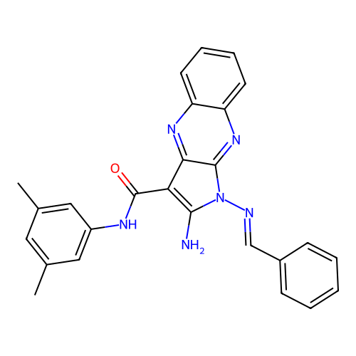 (E)-2-amino-1-(benzylideneamino)-N-(3,5-dimethylphenyl)-1H-pyrrolo[2,3-b]quinoxaline-3-carboxamide structure