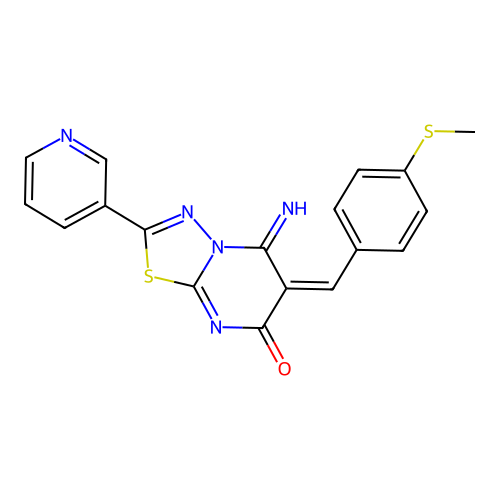 (E)-5-imino-6-(4-(methylthio)benzylidene)-2-(pyridin-3-yl)-5H-[1,3,4]thiadiazolo[3,2-a]pyrimidin-7(6H)-one structure