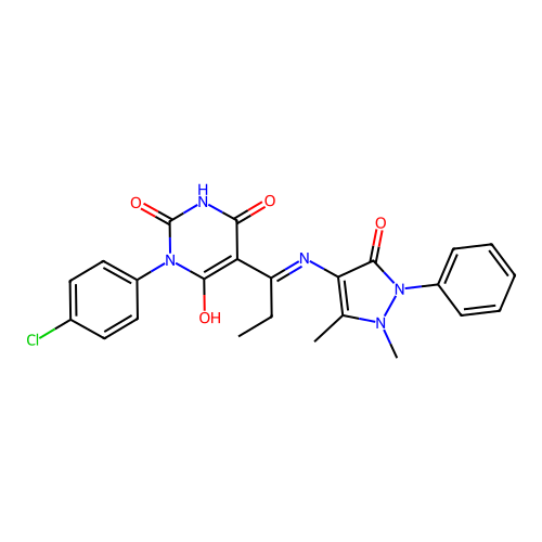(E)-1-(4-chlorophenyl)-5-(1-((1,5-dimethyl-3-oxo-2-phenyl-2,3-dihydro-1H-pyrazol-4-yl)amino)propylidene)pyrimidine-2,4,6(1H,3H,5H)-trione structure
