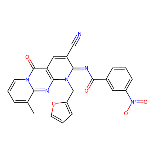 (E)-N-(3-cyano-1-(furan-2-ylmethyl)-10-methyl-5-oxo-1H-dipyrido[1,2-a:2',3'-d]pyrimidin-2(5H)-ylidene)-3-nitrobenzamide structure