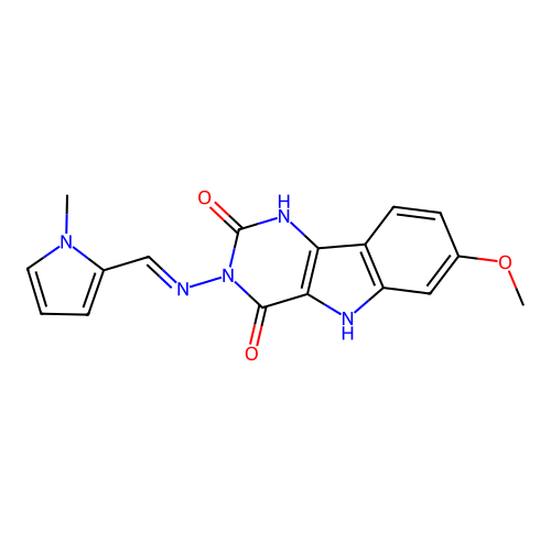 (E)-7-methoxy-3-(((1-methyl-1H-pyrrol-2-yl)methylene)amino)-1H-pyrimido[5,4-b]indole-2,4(3H,5H)-dione structure