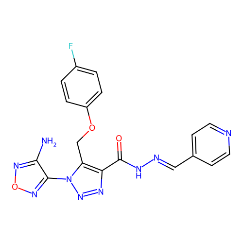 (E)-1-(4-amino-1,2,5-oxadiazol-3-yl)-5-((4-fluorophenoxy)methyl)-N'-(pyridin-4-ylmethylene)-1H-1,2,3-triazole-4-carbohydrazide structure