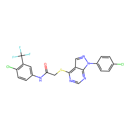 2-[1-(4-chlorophenyl)pyrazolo[3,4-d]pyrimidin-4-yl]sulfanyl-N-[4-chloro-3-(trifluoromethyl)phenyl]acetamide structure