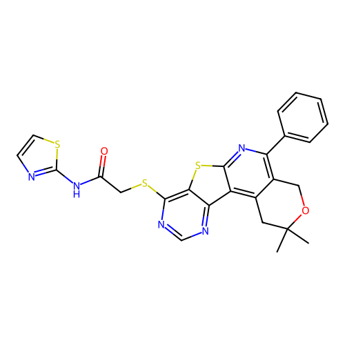 2-((2,2-dimethyl-5-phenyl-2,4-dihydro-1H-pyrano[4'',3'':4',5']pyrido[3',2':4,5]thieno[3,2-d]pyrimidin-8-yl)thio)-N-(thiazol-2-yl)acetamide structure