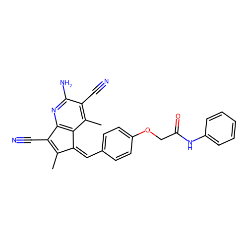 2-{4-[(Z)-(2-amino-3,7-dicyano-4,6-dimethyl-5H-cyclopenta[b]pyridin-5-ylidene)methyl]phenoxy}-N-phenylacetamide structure