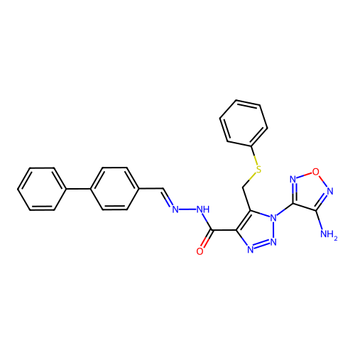 (E)-N'-([1,1'-biphenyl]-4-ylmethylene)-1-(4-amino-1,2,5-oxadiazol-3-yl)-5-((phenylthio)methyl)-1H-1,2,3-triazole-4-carbohydrazide structure