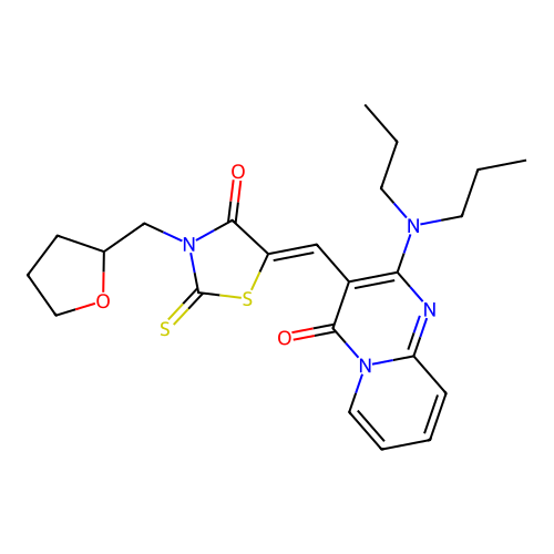 2-(dipropylamino)-3-{(Z)-[4-oxo-3-(tetrahydrofuran-2-ylmethyl)-2-thioxo-1,3-thiazolidin-5-ylidene]methyl}-4H-pyrido[1,2-a]pyrimidin-4-one structure