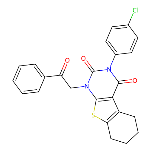 3-(4-chlorophenyl)-1-(2-oxo-2-phenylethyl)-5,6,7,8-tetrahydro[1]benzothieno[2,3-d]pyrimidine-2,4(1H,3H)-dione structure