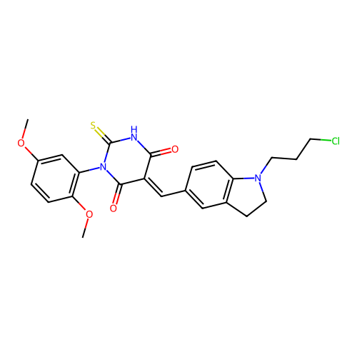 (5E)-5-[[1-(3-chloropropyl)-2,3-dihydroindol-5-yl]methylidene]-1-(2,5-dimethoxyphenyl)-2-sulfanylidene-1,3-diazinane-4,6-dione structure