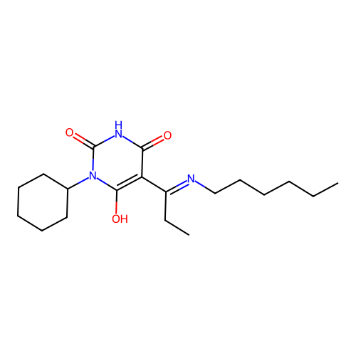 1-cyclohexyl-5-(C-ethyl-N-hexylcarbonimidoyl)-6-hydroxypyrimidine-2,4-dione structure