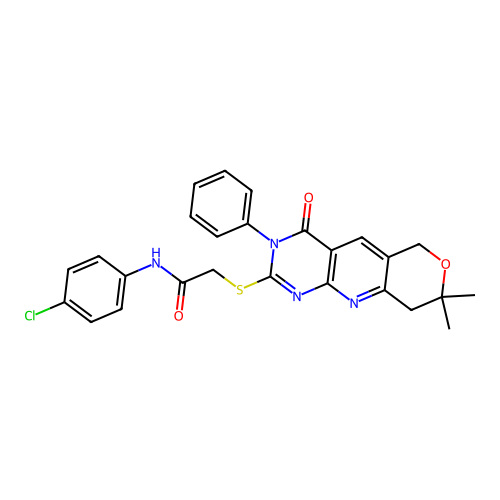 N-(4-chlorophenyl)-2-((8,8-dimethyl-4-oxo-3-phenyl-4,6,8,9-tetrahydro-3H-pyrano[3',4':5,6]pyrido[2,3-d]pyrimidin-2-yl)thio)acetamide structure