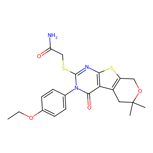 2-((3-(4-ethoxyphenyl)-6,6-dimethyl-4-oxo-4,5,6,8-tetrahydro-3H-pyrano[4',3':4,5]thieno[2,3-d]pyrimidin-2-yl)thio)acetamide structure
