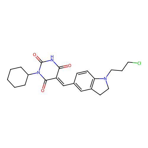 (5E)-5-[[1-(3-chloropropyl)-2,3-dihydroindol-5-yl]methylidene]-1-cyclohexyl-1,3-diazinane-2,4,6-trione structure