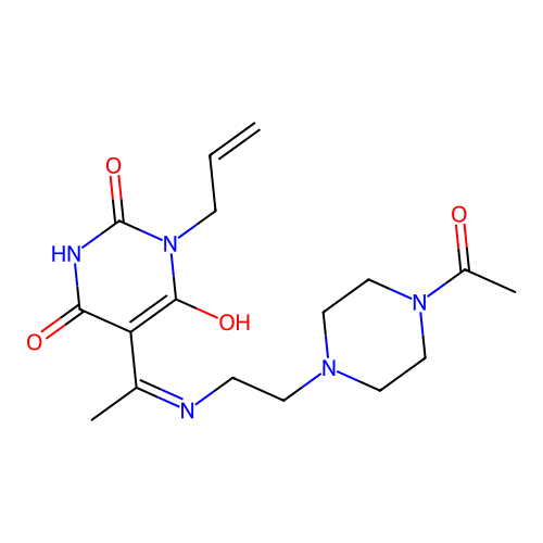 (E)-5-(1-((2-(4-acetylpiperazin-1-yl)ethyl)amino)ethylidene)-1-allylpyrimidine-2,4,6(1H,3H,5H)-trione structure