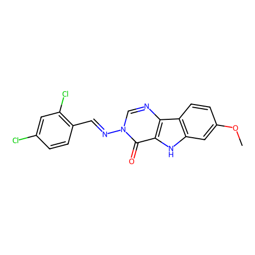 (E)-3-((2,4-dichlorobenzylidene)amino)-7-methoxy-3H-pyrimido[5,4-b]indol-4(5H)-one structure