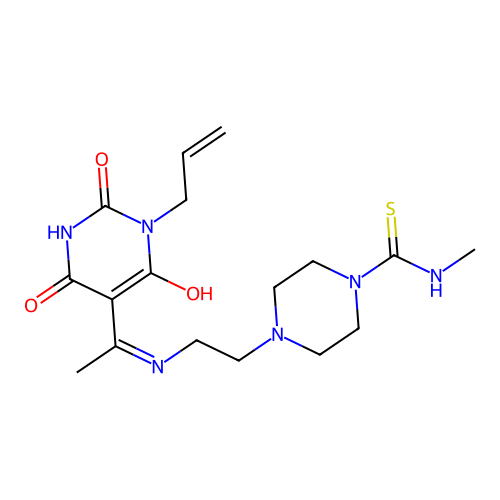 (E)-4-(2-((1-(1-allyl-2,4,6-trioxotetrahydropyrimidin-5(2H)-ylidene)ethyl)amino)ethyl)-N-methylpiperazine-1-carbothioamide structure