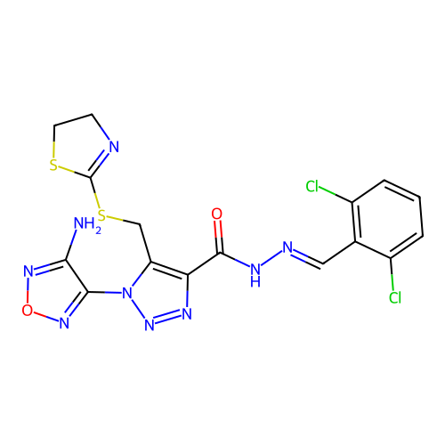 (E)-1-(4-amino-1,2,5-oxadiazol-3-yl)-N'-(2,6-dichlorobenzylidene)-5-(((4,5-dihydrothiazol-2-yl)thio)methyl)-1H-1,2,3-triazole-4-carbohydrazide structure