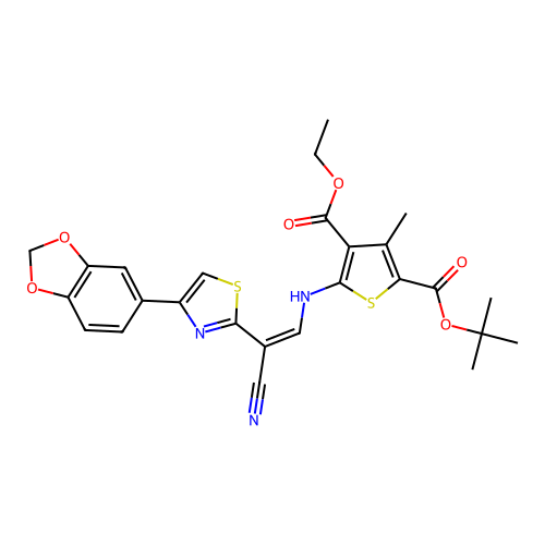 2-tert-butyl 4-ethyl 5-({(Z)-2-[4-(1,3-benzodioxol-5-yl)-1,3-thiazol-2-yl]-2-cyanoethenyl}amino)-3-methylthiophene-2,4-dicarboxylate structure