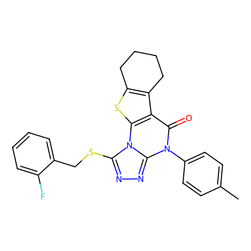 1-((2-fluorobenzyl)thio)-4-(p-tolyl)-6,7,8,9-tetrahydrobenzo[4,5]thieno[3,2-e][1,2,4]triazolo[4,3-a]pyrimidin-5(4H)-one structure
