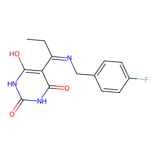 (5E)-5-{1-[(4-fluorobenzyl)amino]propylidene}-2,6-dihydroxypyrimidin-4(5H)-one structure