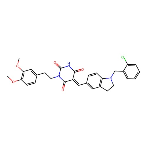 (5E)-5-[[1-[(2-chlorophenyl)methyl]-2,3-dihydroindol-5-yl]methylidene]-1-[2-(3,4-dimethoxyphenyl)ethyl]-1,3-diazinane-2,4,6-trione structure
