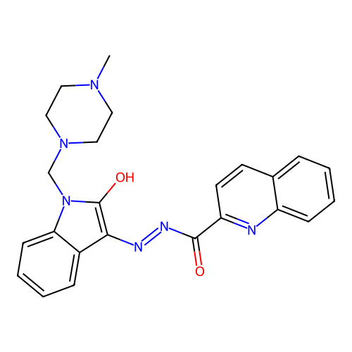N-[[1-[(4-methylpiperazin-1-yl)methyl]-2-oxo-indol-3-ylidene]amino]quinoline-2-carboxamide structure