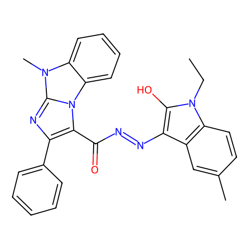 (E)-N'-(1-ethyl-5-methyl-2-oxoindolin-3-ylidene)-9-methyl-2-phenyl-9H-benzo[d]imidazo[1,2-a]imidazole-3-carbohydrazide structure