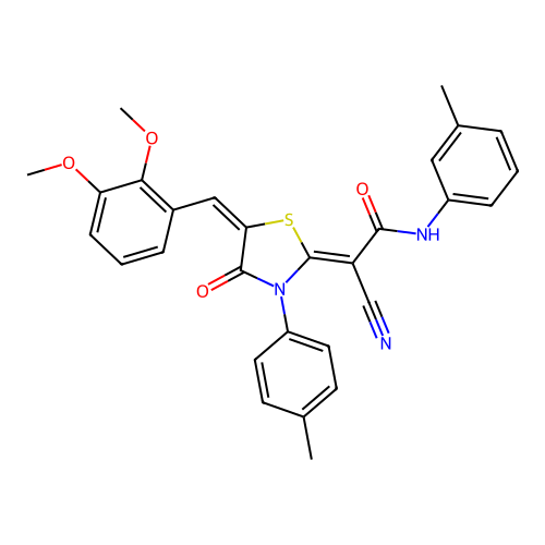 (2Z)-2-cyano-2-[(5E)-5-(2,3-dimethoxybenzylidene)-3-(4-methylphenyl)-4-oxo-1,3-thiazolidin-2-ylidene]-N-(3-methylphenyl)ethanamide structure