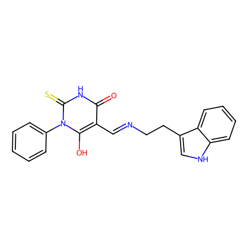 (5Z)-5-({[2-(1H-indol-3-yl)ethyl]amino}methylidene)-1-phenyl-2-thioxodihydropyrimidine-4,6(1H,5H)-dione structure