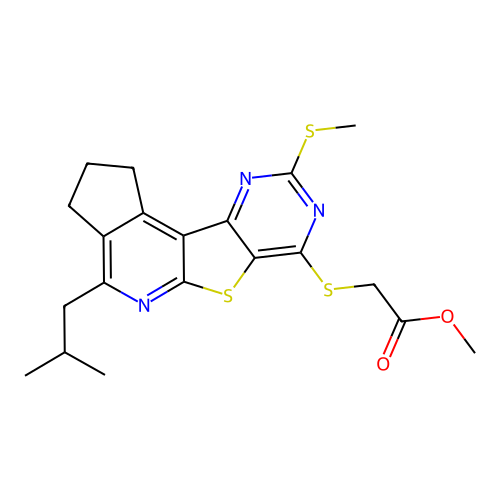 methyl {[4-(2-methylpropyl)-9-(methylsulfanyl)-2,3-dihydro-1H-cyclopenta[4',5']pyrido[3',2':4,5]thieno[3,2-d]pyrimidin-7-yl]sulfanyl}acetate structure