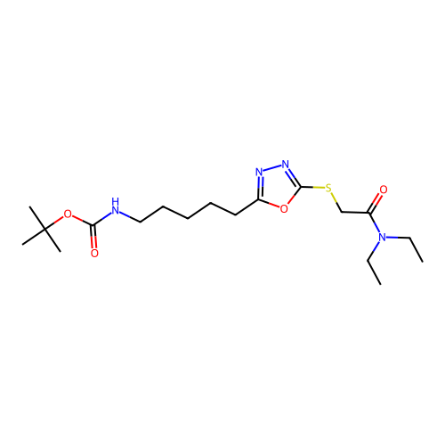 tert-butyl (5-(5-((2-(diethylamino)-2-oxoethyl)thio)-1,3,4-oxadiazol-2-yl)pentyl)carbamate structure