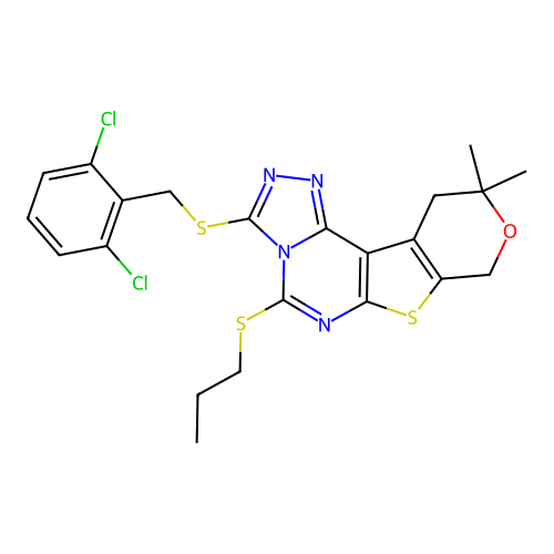 3-((2,6-dichlorobenzyl)thio)-10,10-dimethyl-5-(propylthio)-10,11-dihydro-8H-pyrano[4',3':4,5]thieno[3,2-e][1,2,4]triazolo[4,3-c]pyrimidine structure