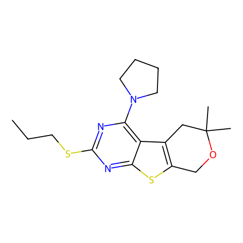 6,6-dimethyl-2-(propylsulfanyl)-4-(pyrrolidin-1-yl)-5,8-dihydro-6H-pyrano[4',3':4,5]thieno[2,3-d]pyrimidine structure