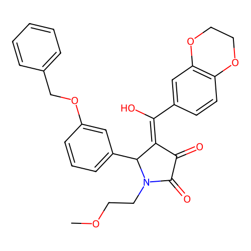 (4E)-4-[2,3-dihydro-1,4-benzodioxin-6-yl(hydroxy)methylidene]-1-(2-methoxyethyl)-5-(3-phenylmethoxyphenyl)pyrrolidine-2,3-dione structure