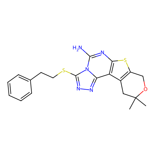 10,10-dimethyl-3-(phenethylthio)-10,11-dihydro-8H-pyrano[4',3':4,5]thieno[3,2-e][1,2,4]triazolo[4,3-c]pyrimidin-5-amine structure