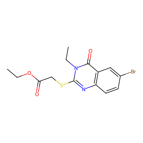 Ethyl [(6-bromo-3-ethyl-4-oxo-3,4-dihydroquinazolin-2-yl)sulfanyl]acetate structure